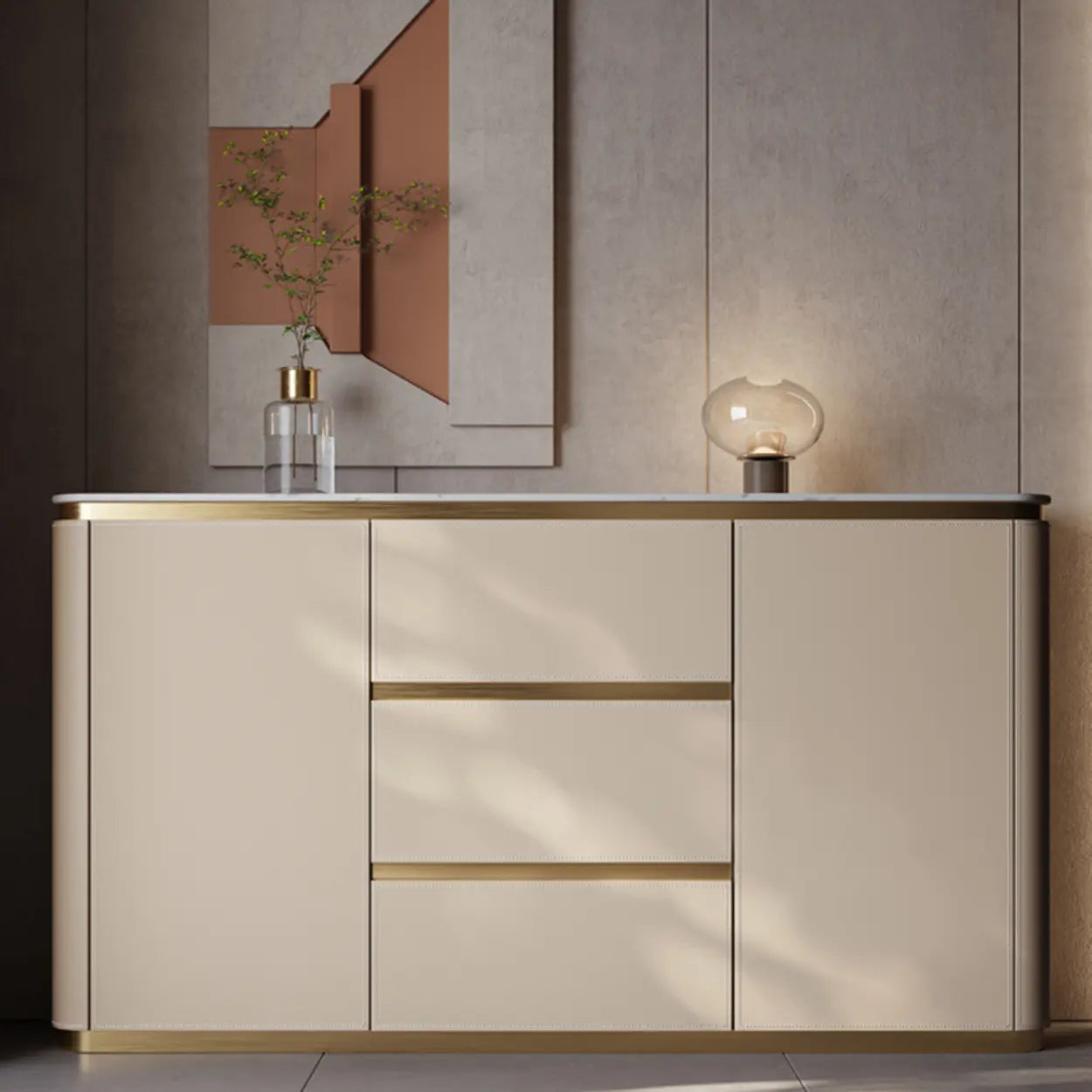 Beige Engineered Wood Gold Trim Pedestal Console Table with Storage