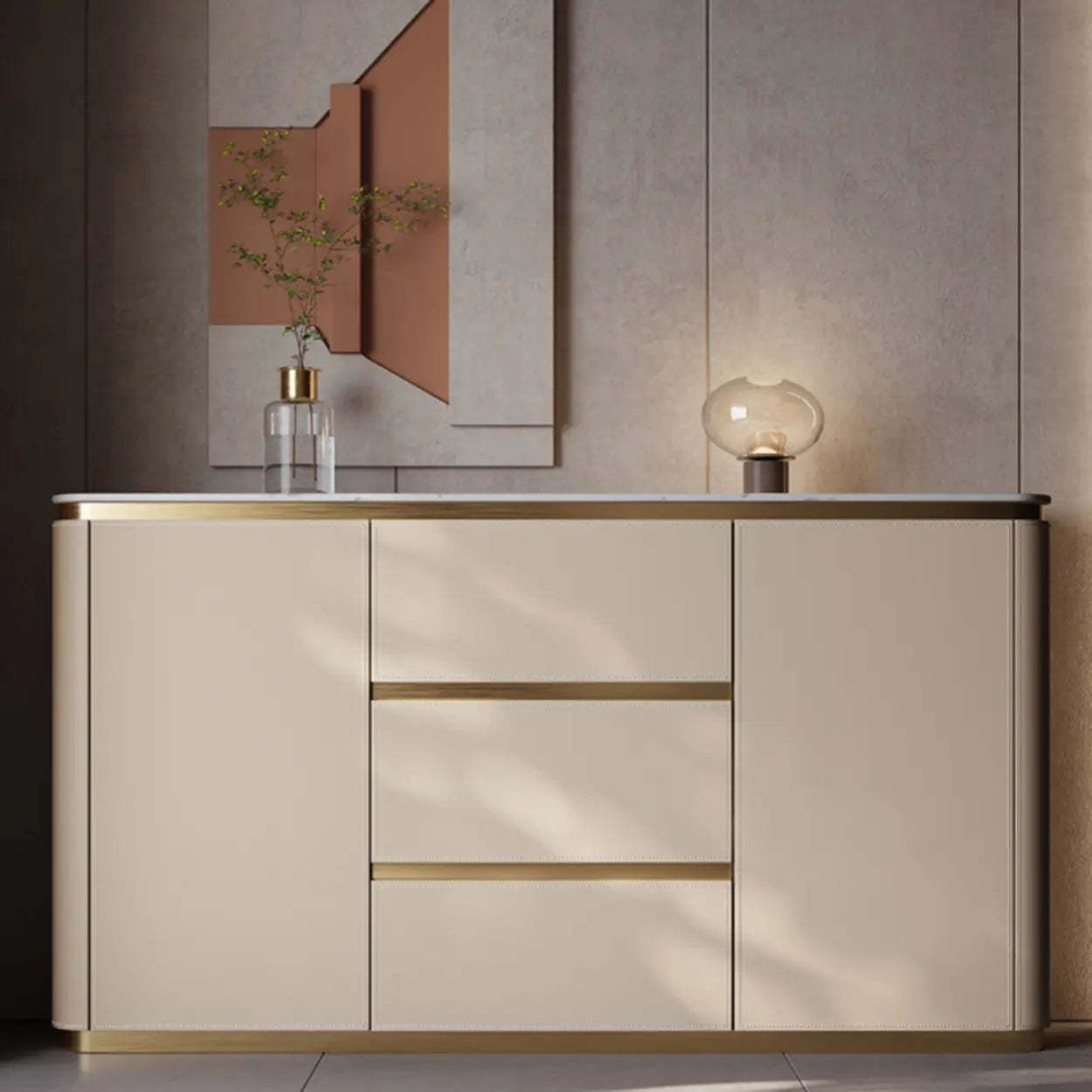 Beige Engineered Wood Gold Trim Pedestal Console Table with Storage