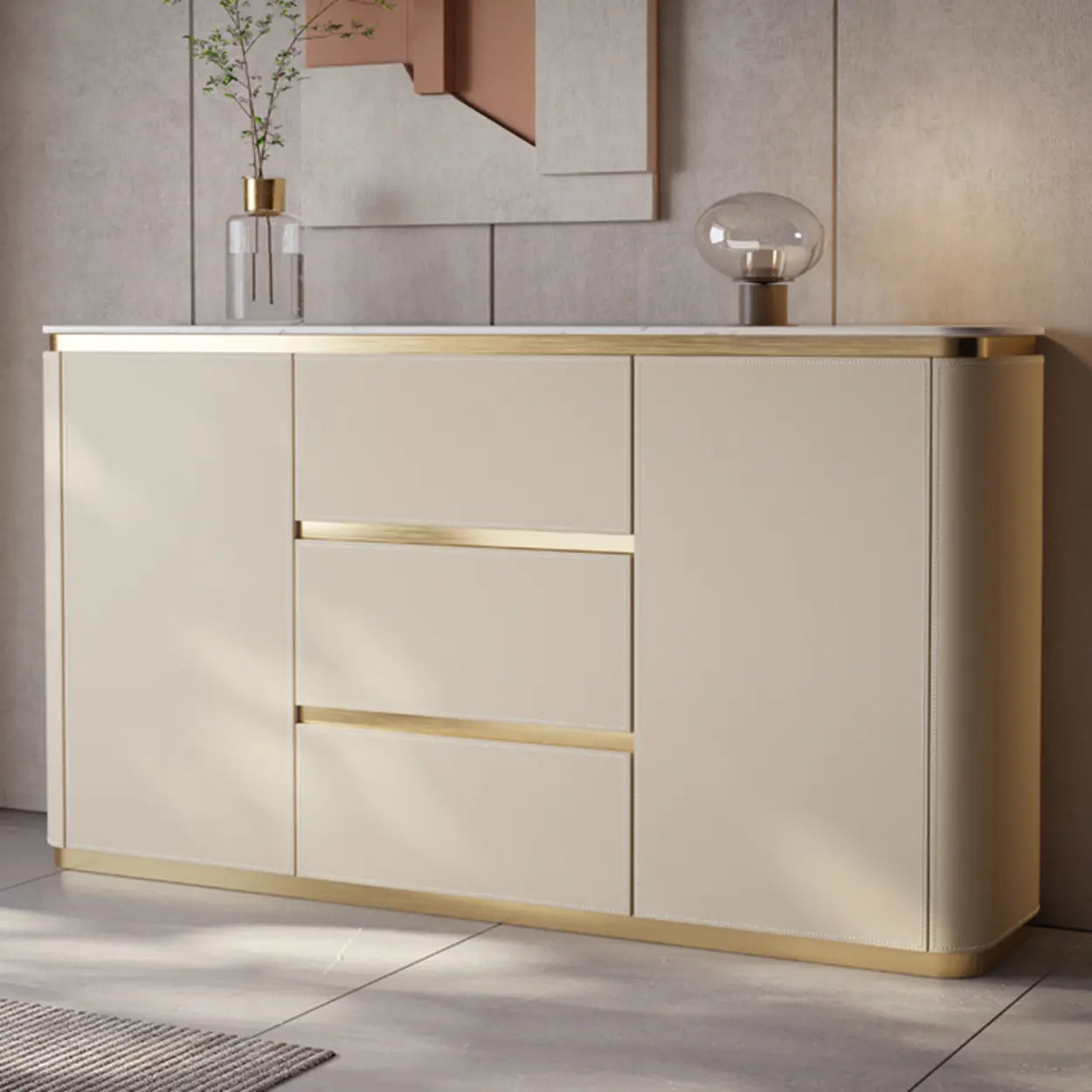 Beige Engineered Wood Gold Trim Pedestal Console Table with Storage