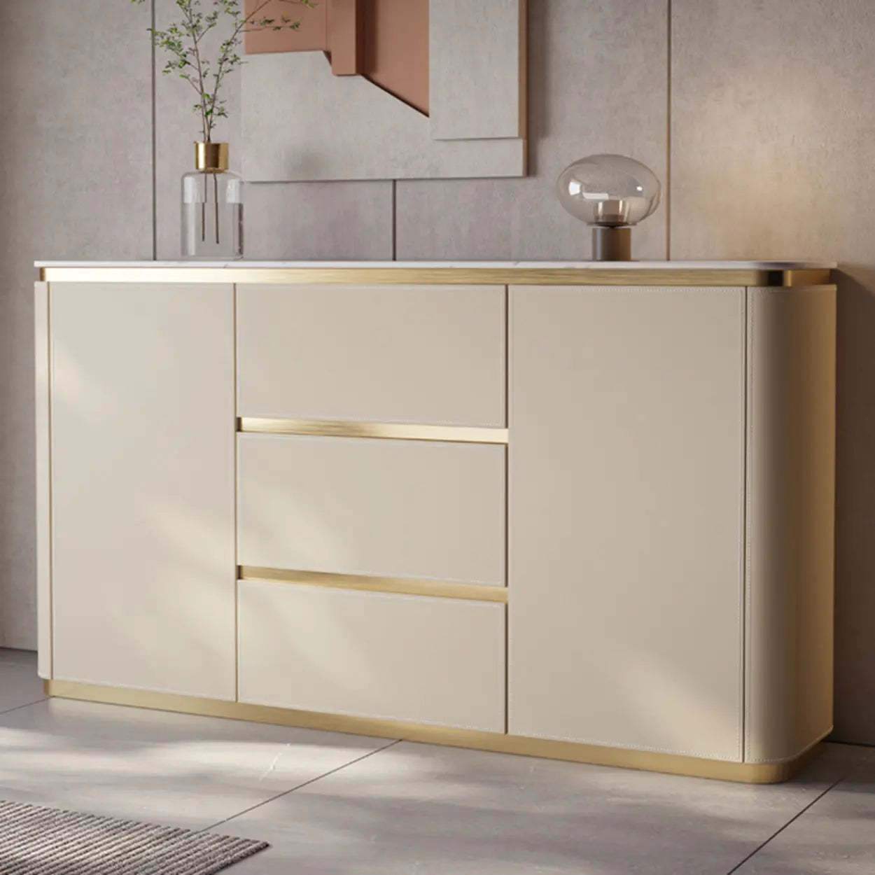 Beige Engineered Wood Gold Trim Pedestal Console Table with Storage