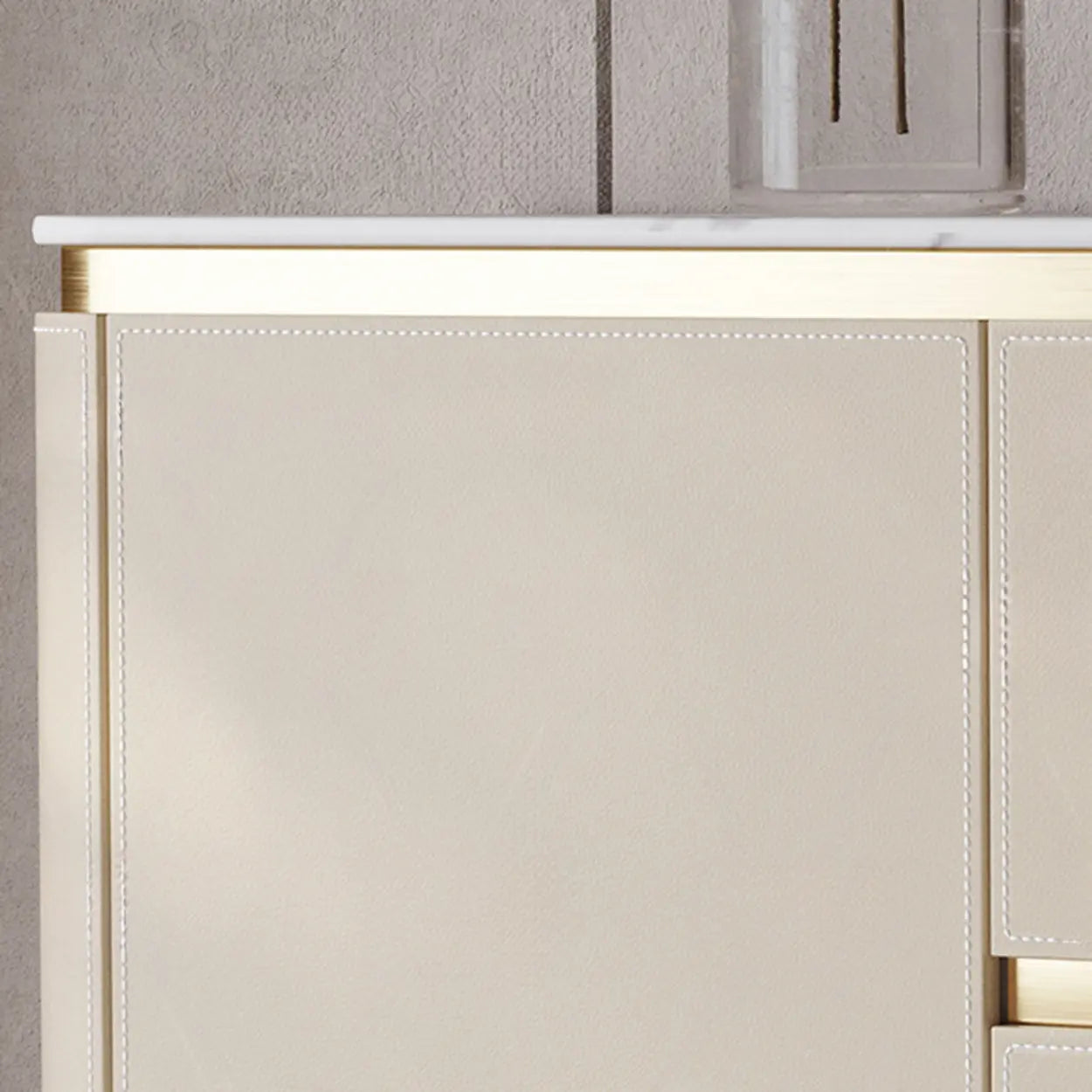 Beige Engineered Wood Gold Trim Pedestal Console Table with Storage