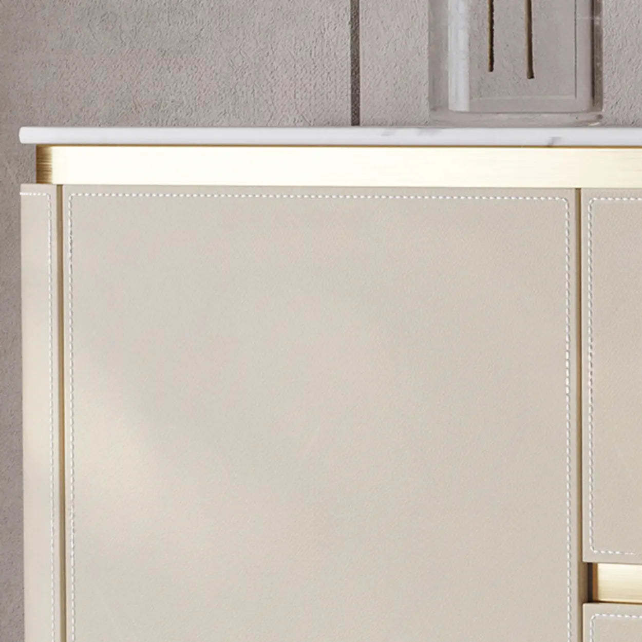 Beige Engineered Wood Gold Trim Pedestal Console Table with Storage