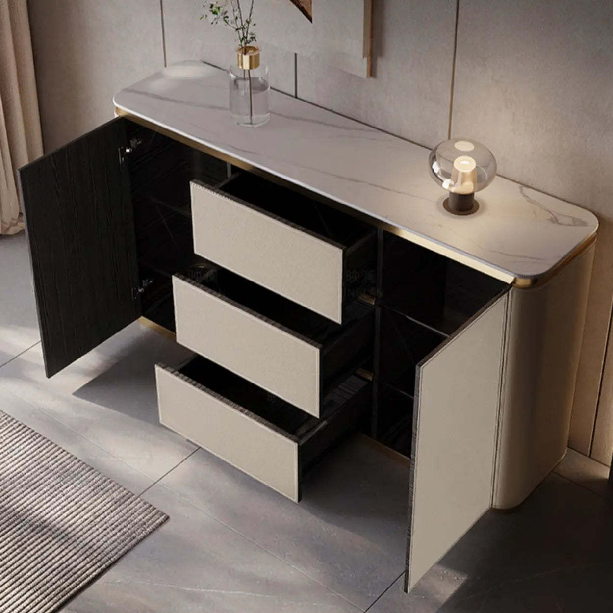 Beige Engineered Wood Gold Trim Pedestal Console Table with Storage