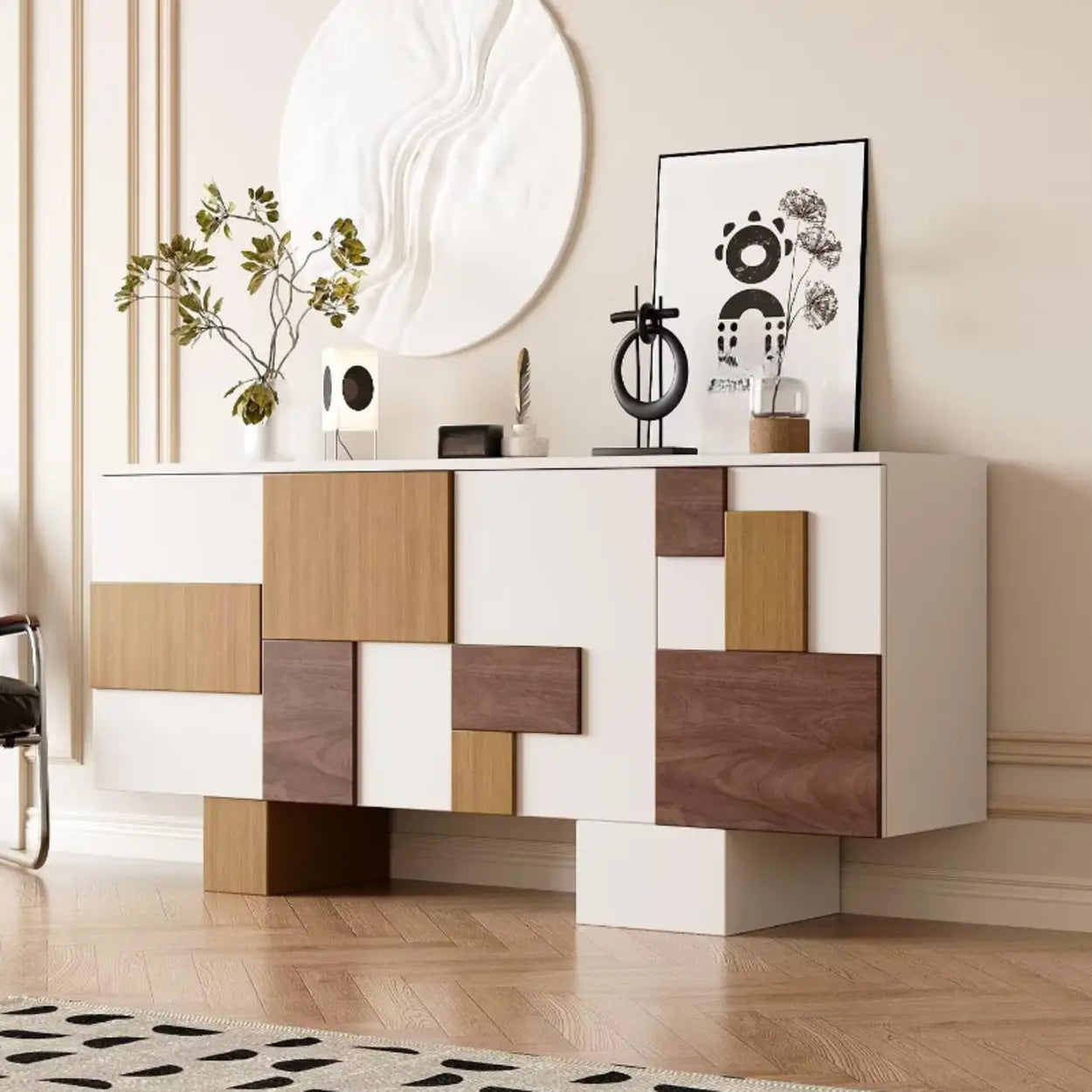 Geometric Wood White Console with Cabinet — Black