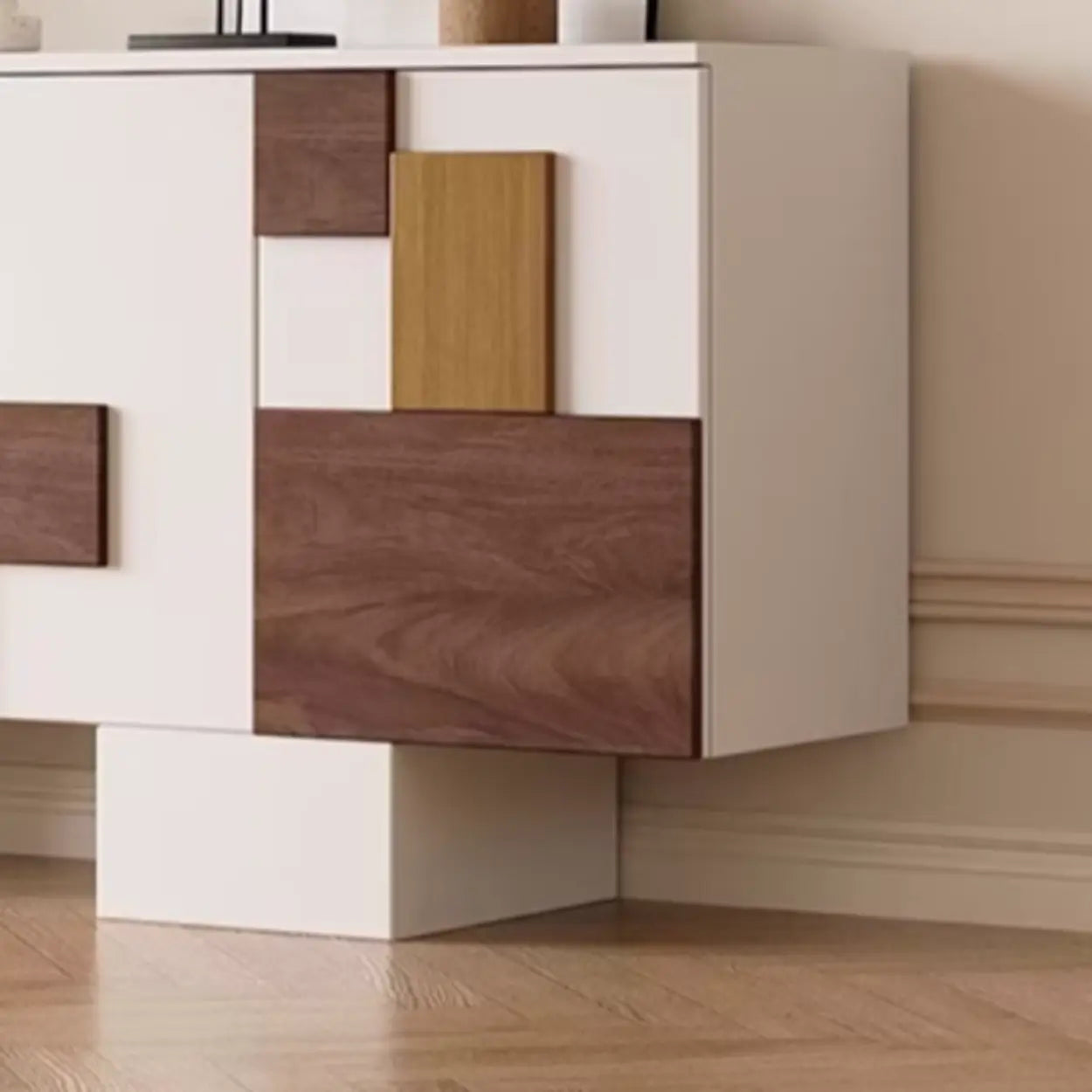 Geometric Wood White Console with Cabinet