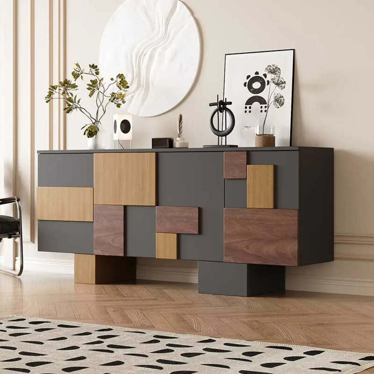 Geometric Wood White Console with Cabinet