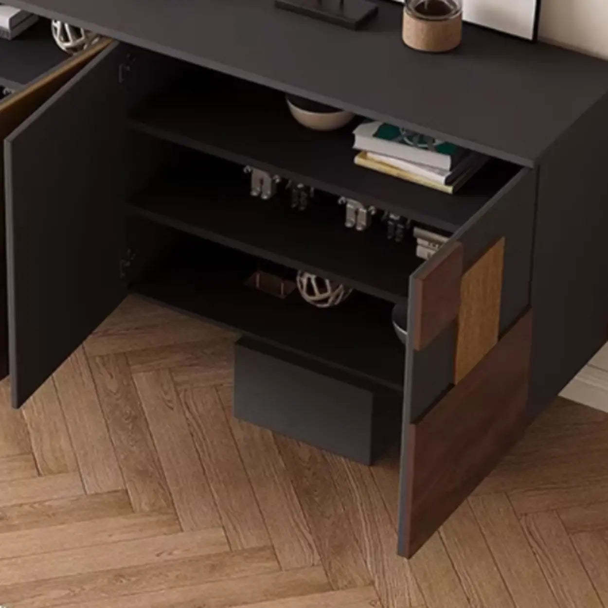 Geometric Wood White Console with Cabinet