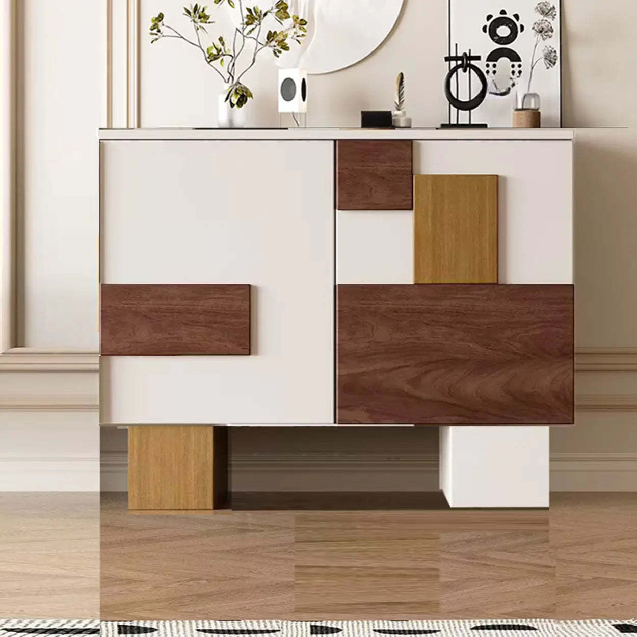 Geometric Wood White Console with Cabinet — Black