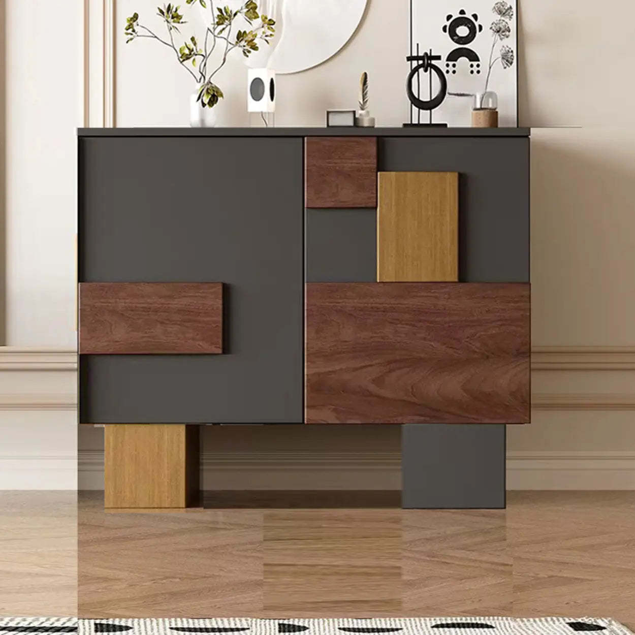 Geometric Wood White Console with Cabinet — Black
