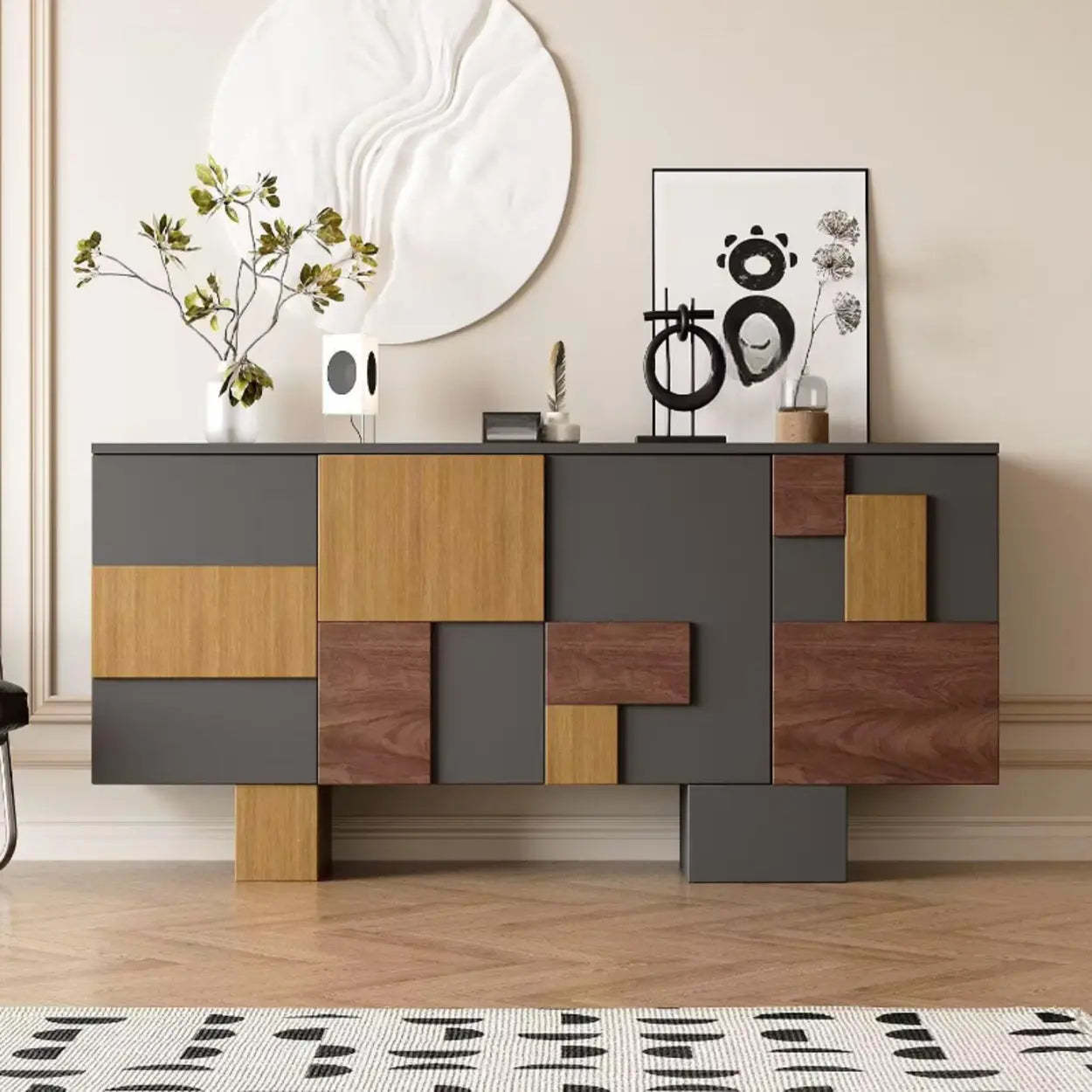 Geometric Wood White Console with Cabinet — White