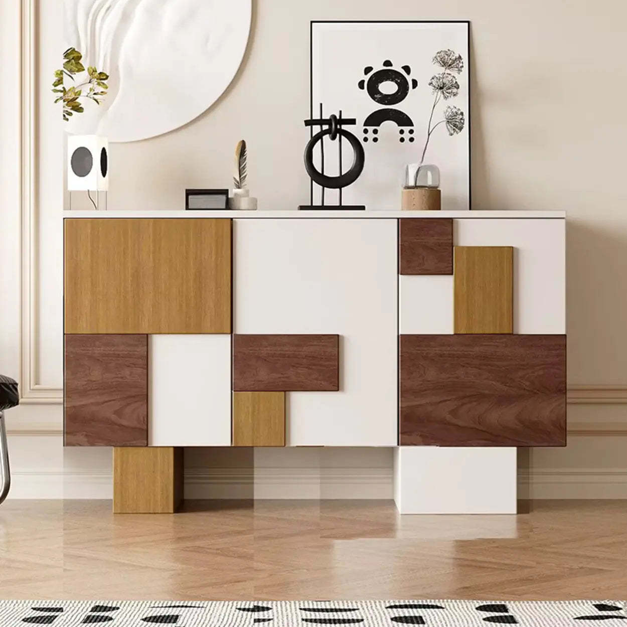Geometric Wood White Console with Cabinet — White