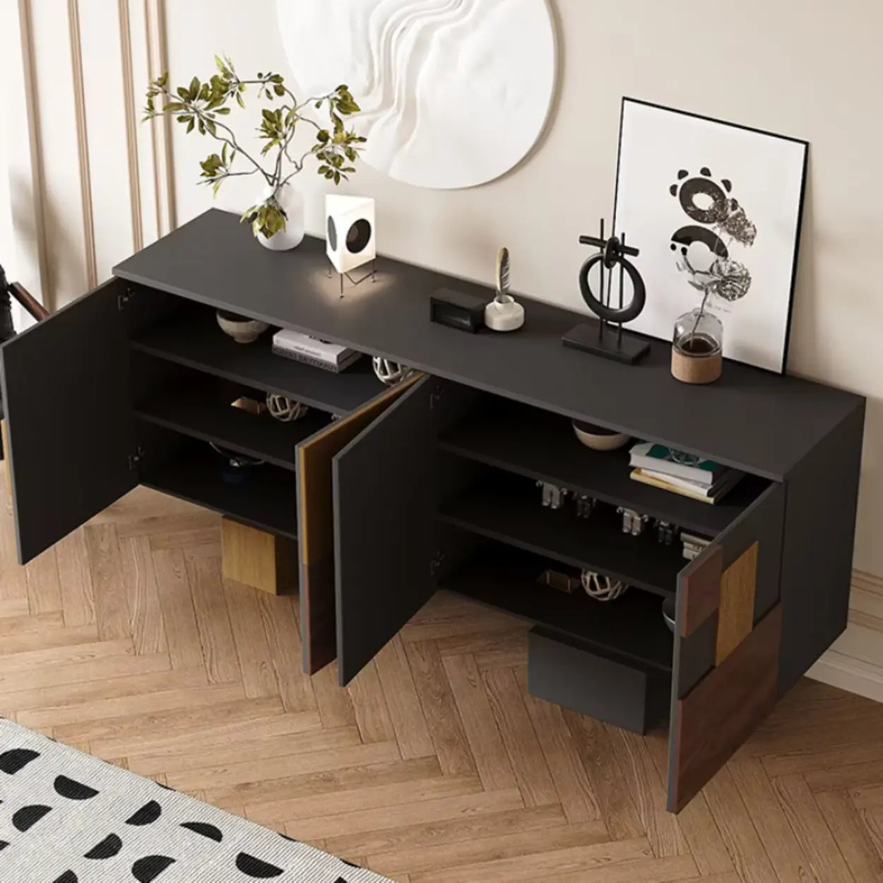 Geometric Wood White Console with Cabinet — White