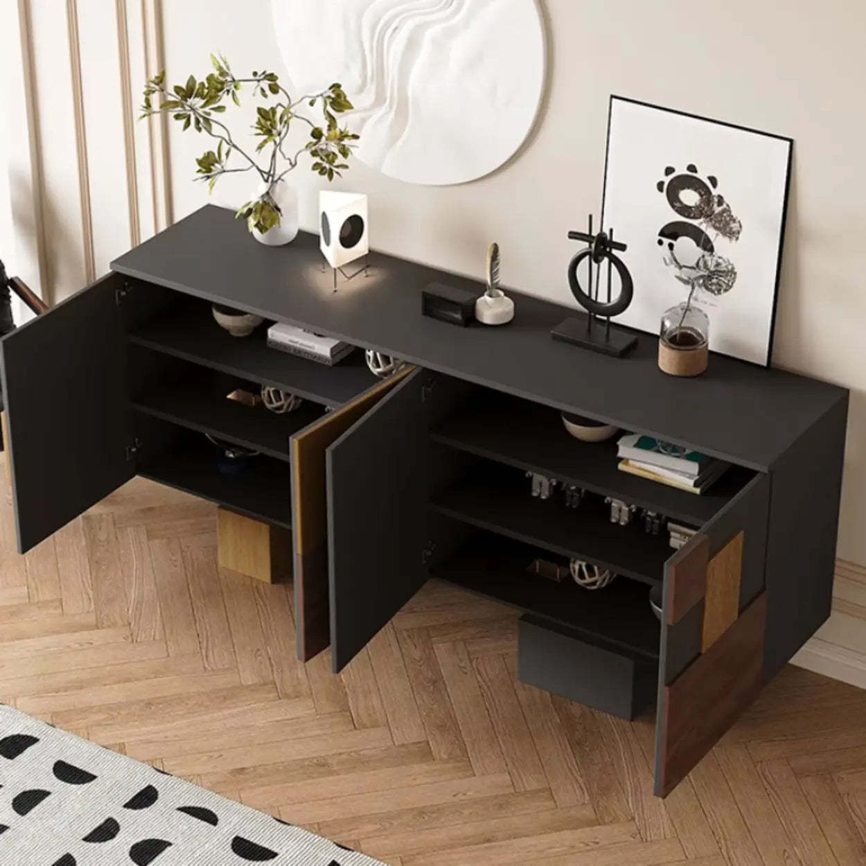 Geometric Wood White Console with Cabinet — White
