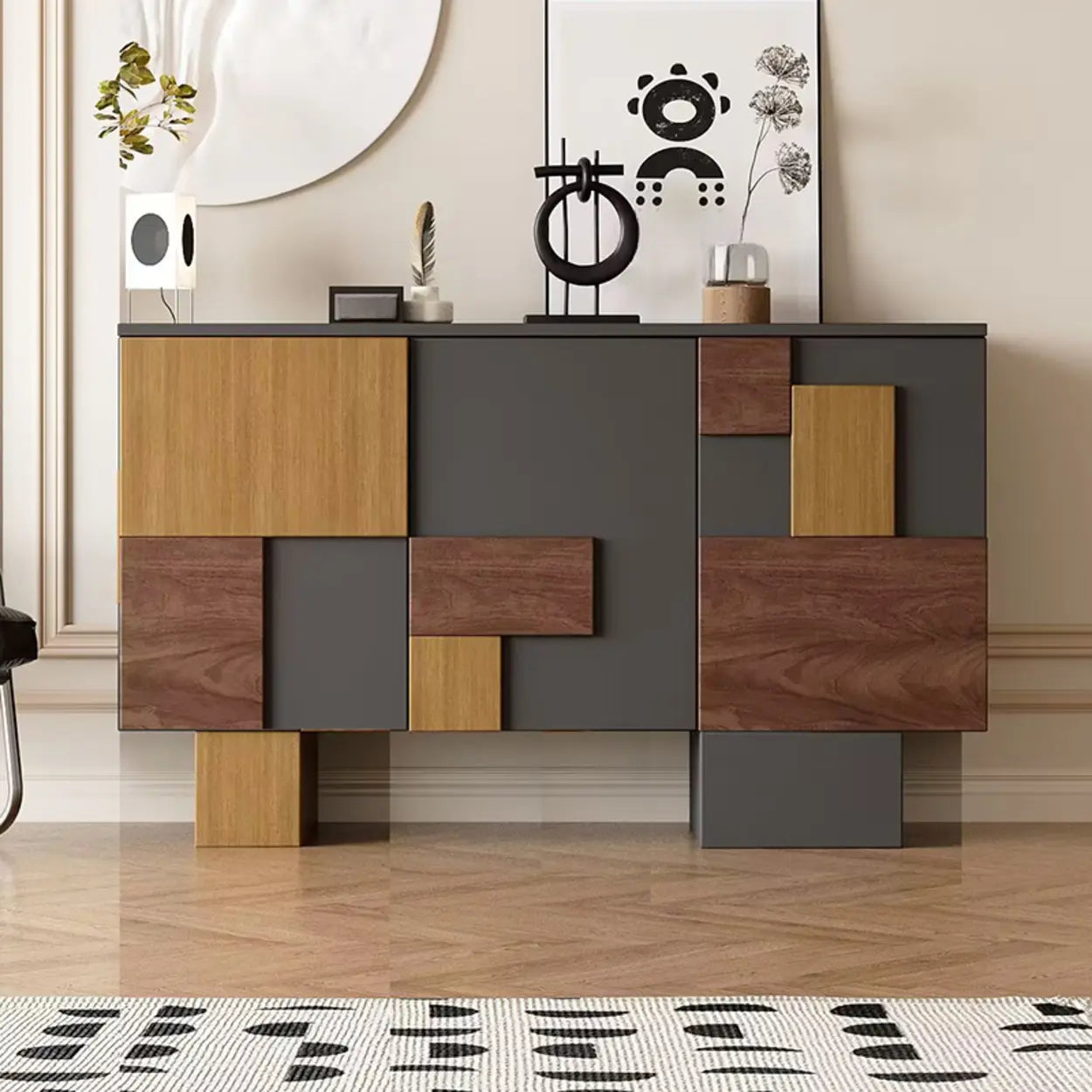 Geometric Wood White Console with Cabinet