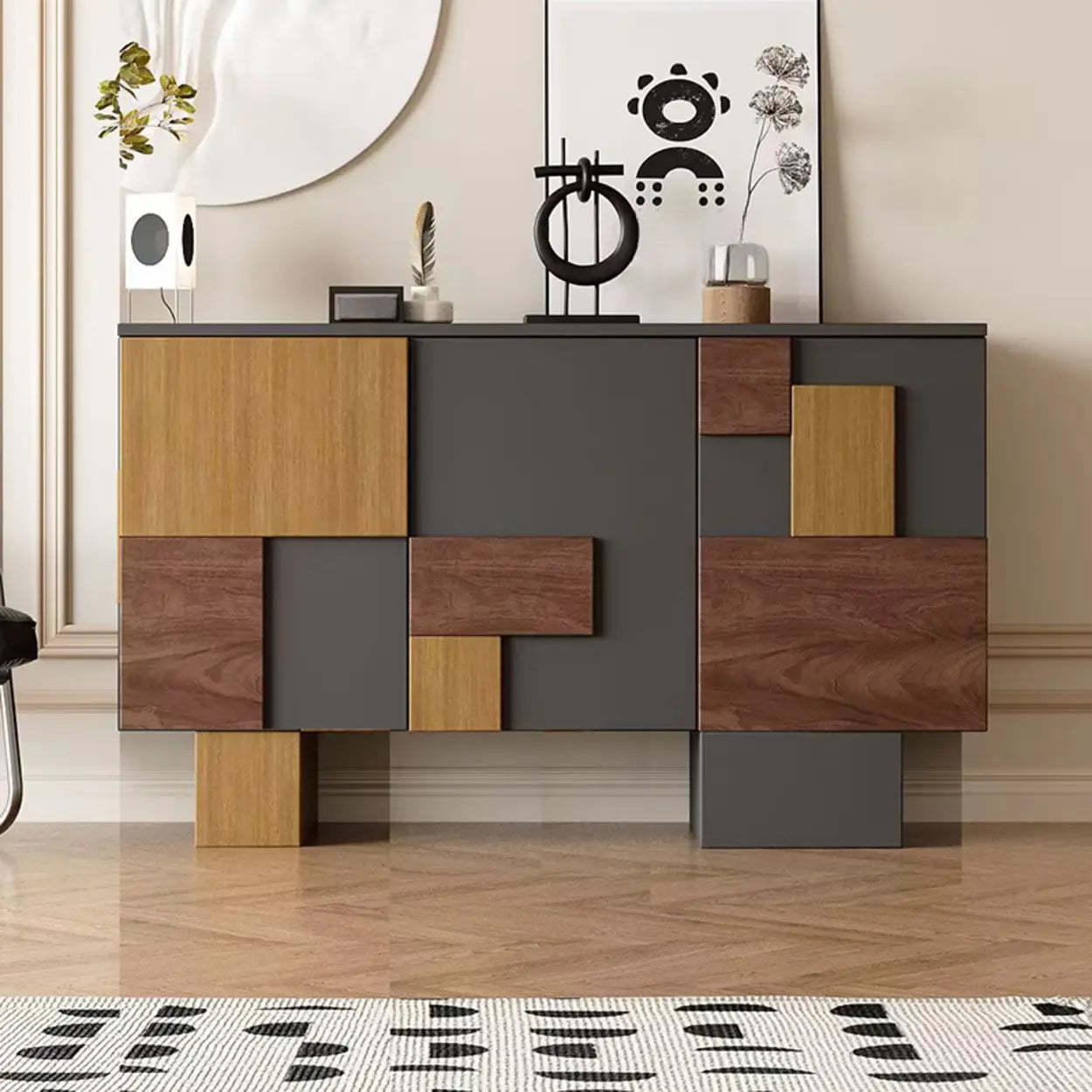 Geometric Wood White Console with Cabinet