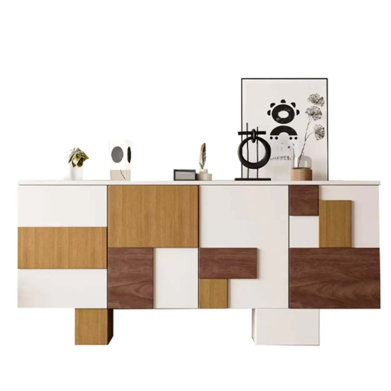 Geometric Wood White Console with Cabinet