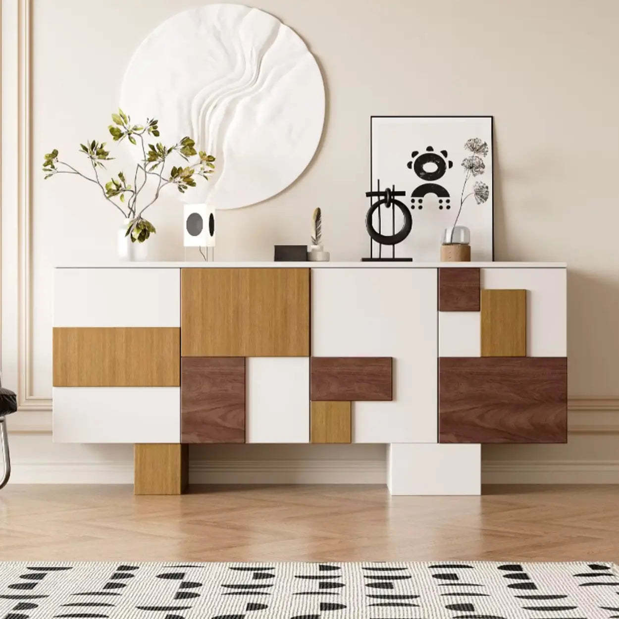 Modern geometric storage white wood display cabinets — 63" L x 16" W x 33" H