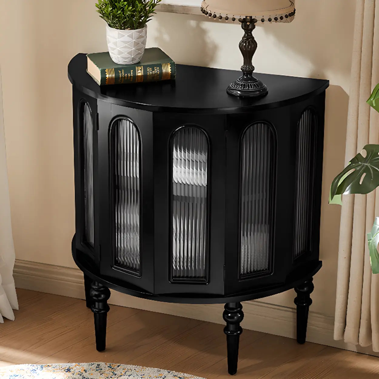 Black Wood Half-Moon Cabinet Console Table