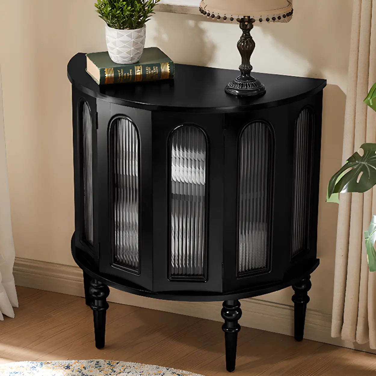 Black Wood Half-Moon Cabinet Console Table