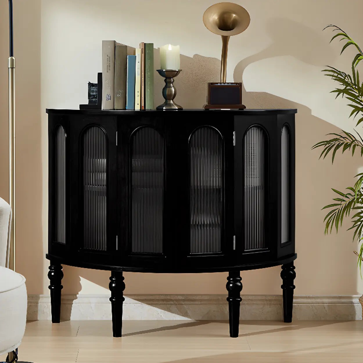 Black Wood Half-Moon Cabinet Console Table