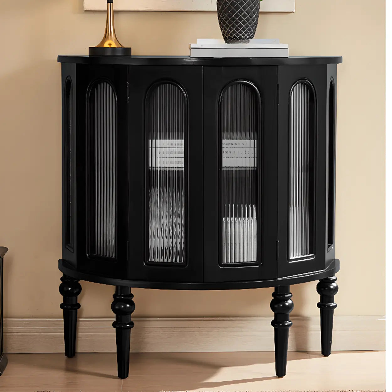 Black Wood Half-Moon Cabinet Console Table