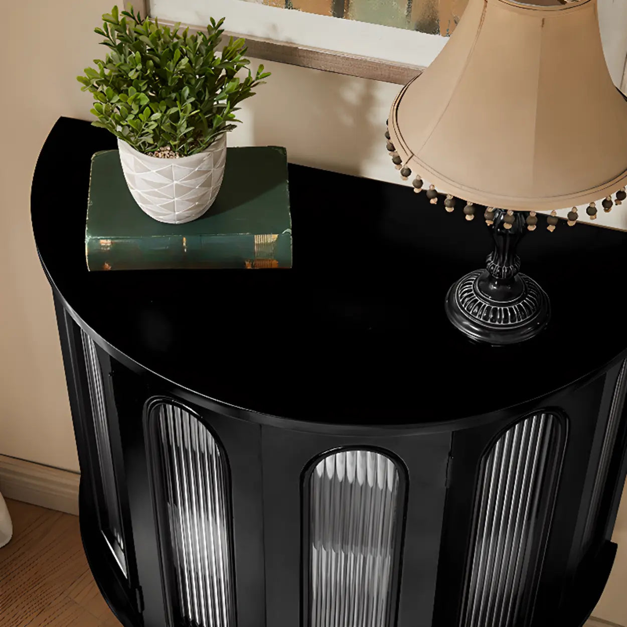 Black Wood Half-Moon Cabinet Console Table
