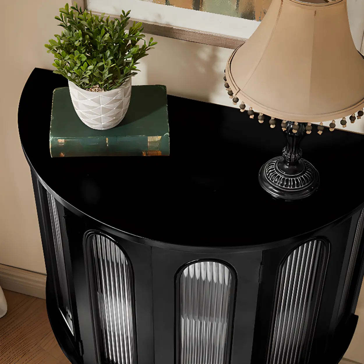 Black Wood Half-Moon Cabinet Console Table