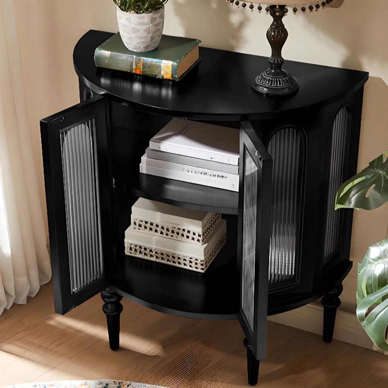 Black Wood Half-Moon Cabinet Console Table