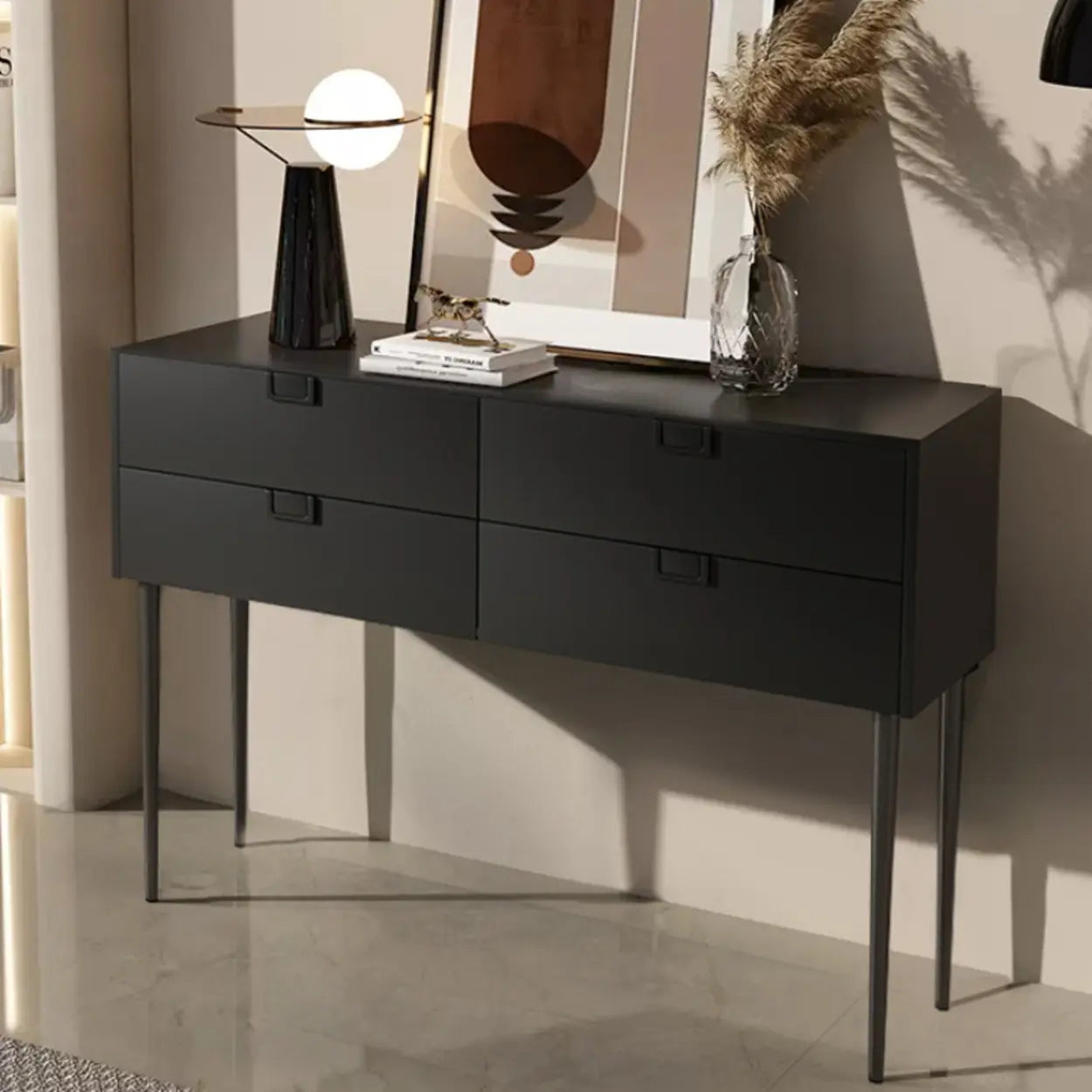 Rectangular Black Wood Console Table with Drawer