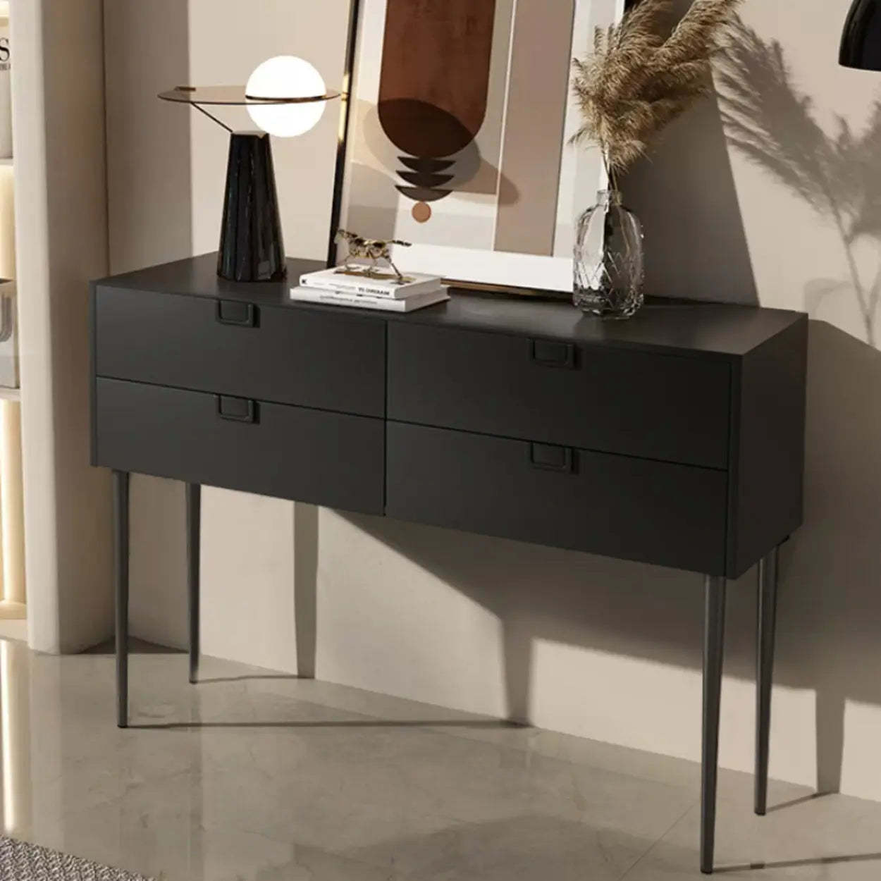 Rectangular Black Wood Console Table with Drawer