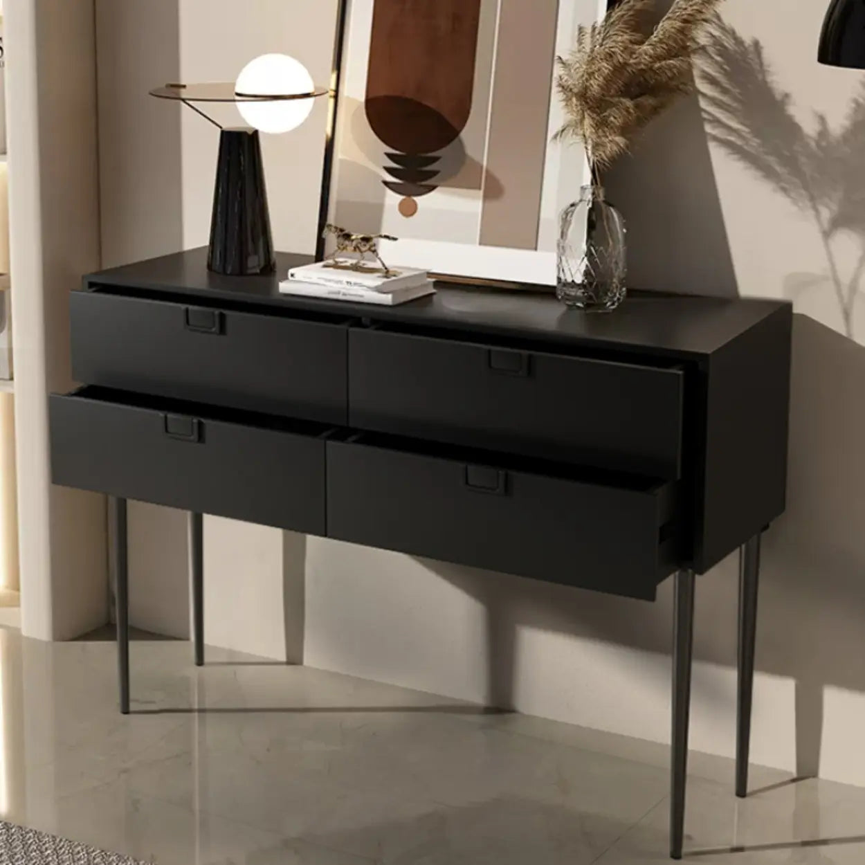 Rectangular Black Wood Console Table with Drawer