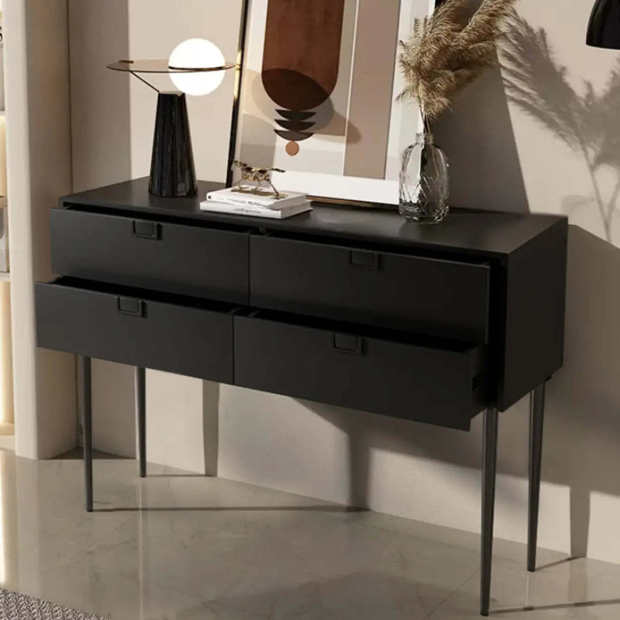 Rectangular Black Wood Console Table with Drawer