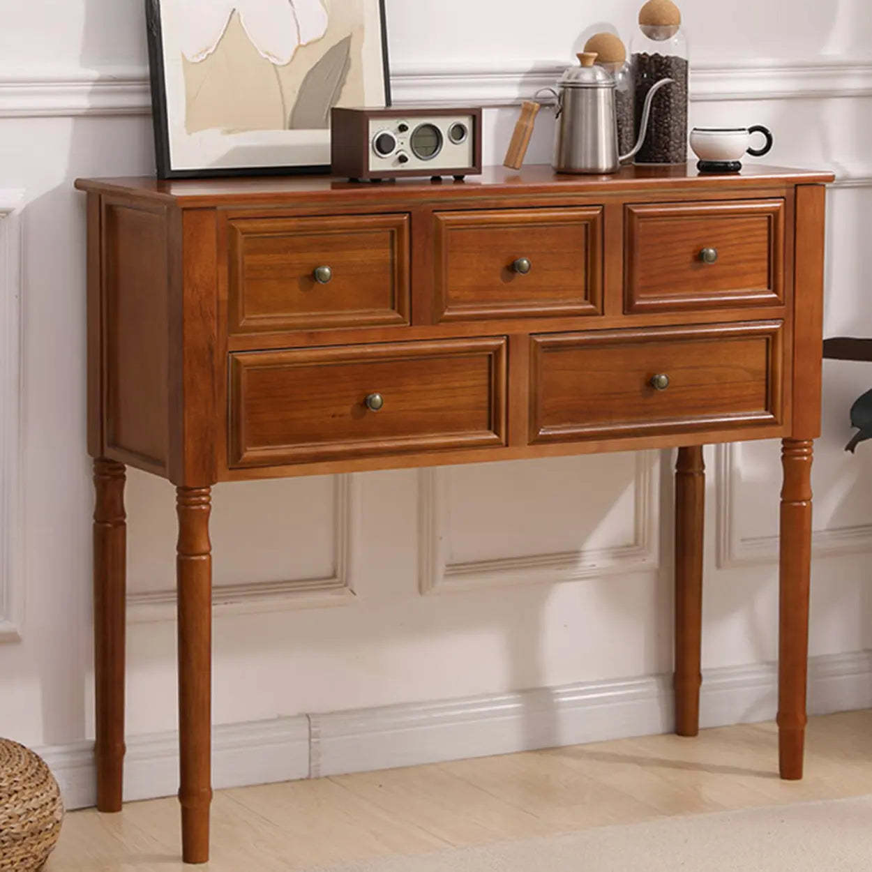 Rectangular Walnut Console Table with Drawers