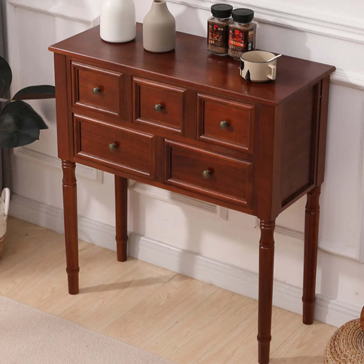 Rectangular Walnut Console Table with Drawers — Natural Finish