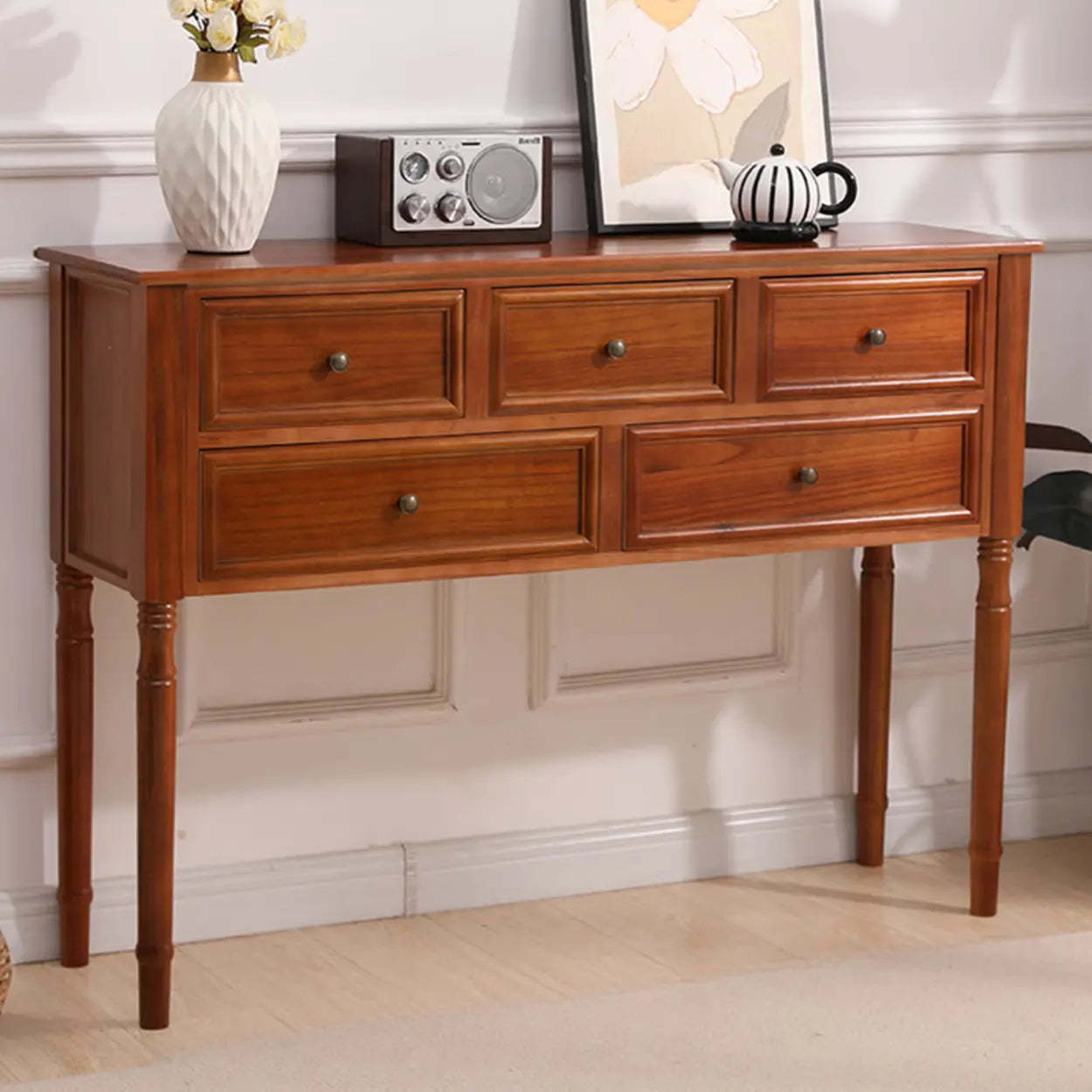 Rectangular Walnut Console Table with Drawers — Natural Finish