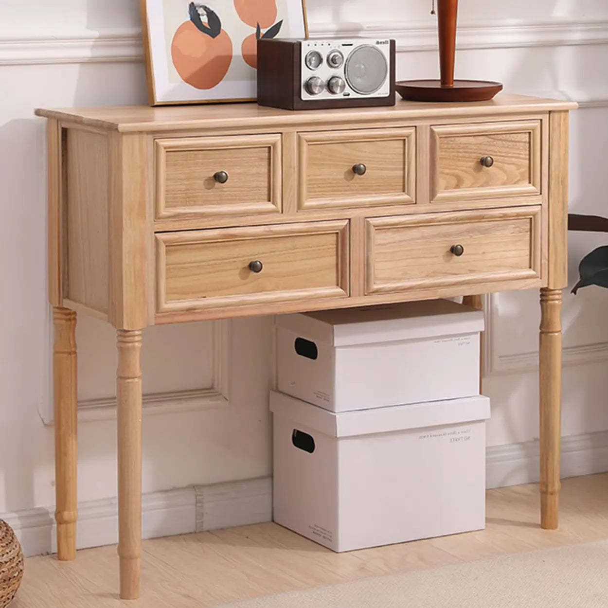 Rectangular Walnut Console Table with Drawers — Brown