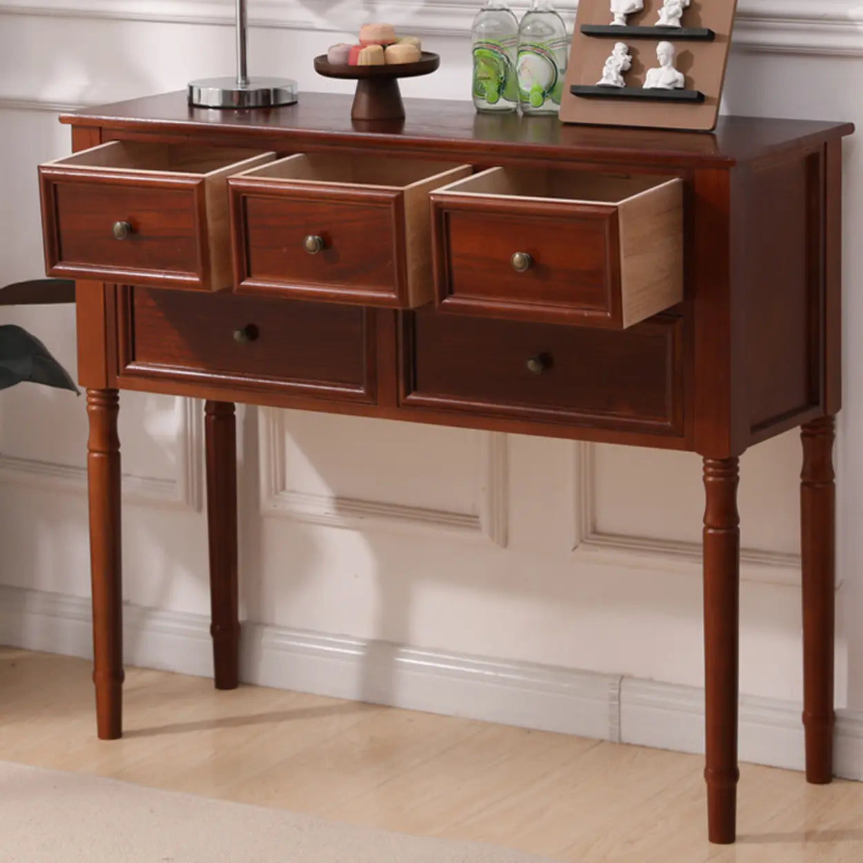 Rectangular Walnut Console Table with Drawers — Brown
