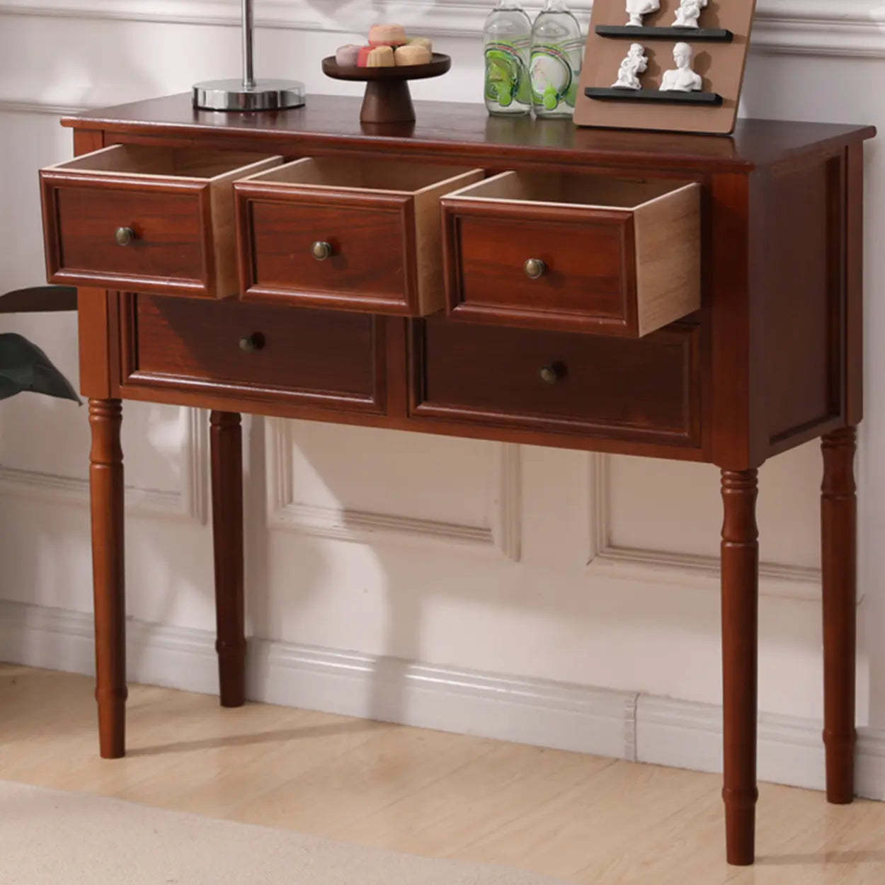Rectangular Walnut Console Table with Drawers — Brown