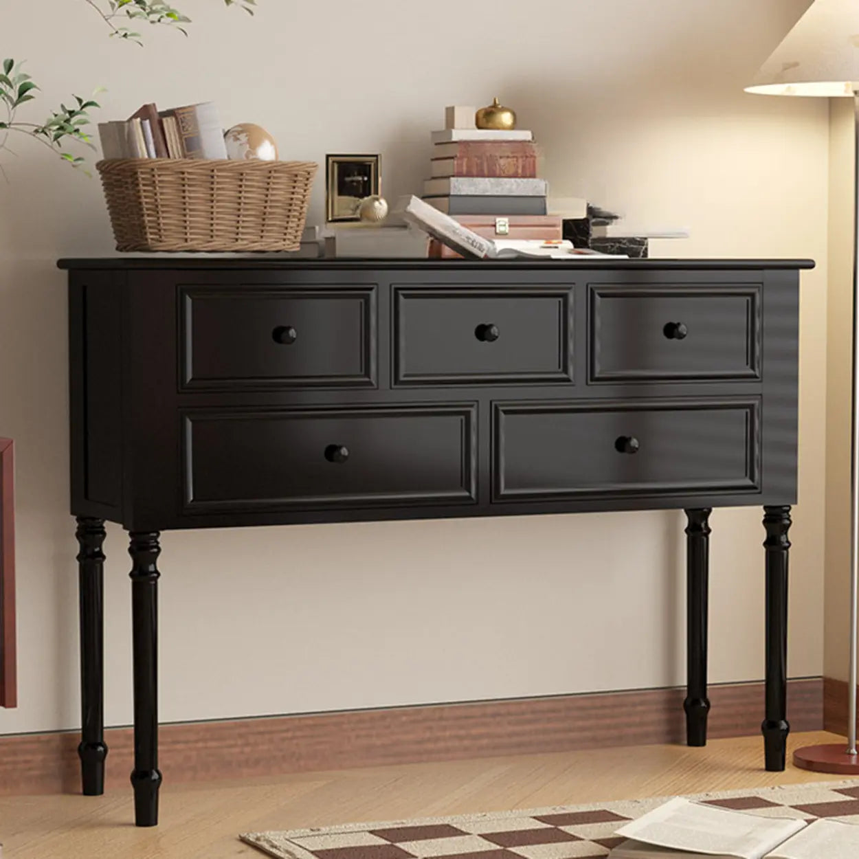 Classic Rectangular Black Wood Storage Console Table — Black