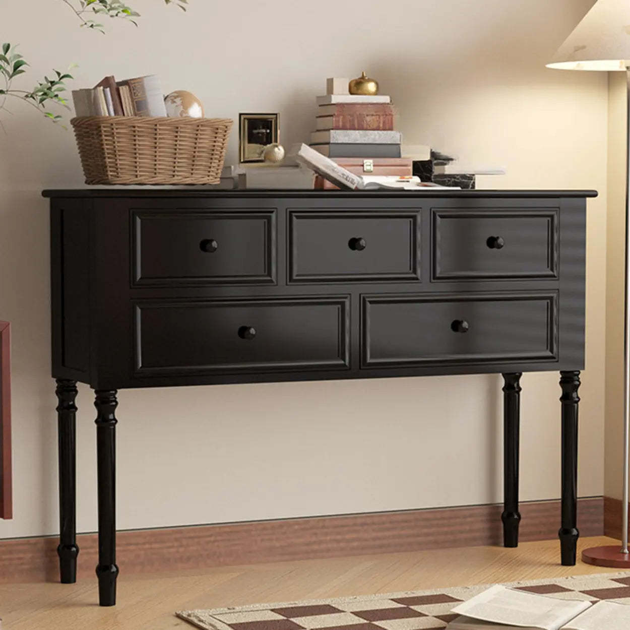 Classic Rectangular Black Wood Storage Console Table — Black