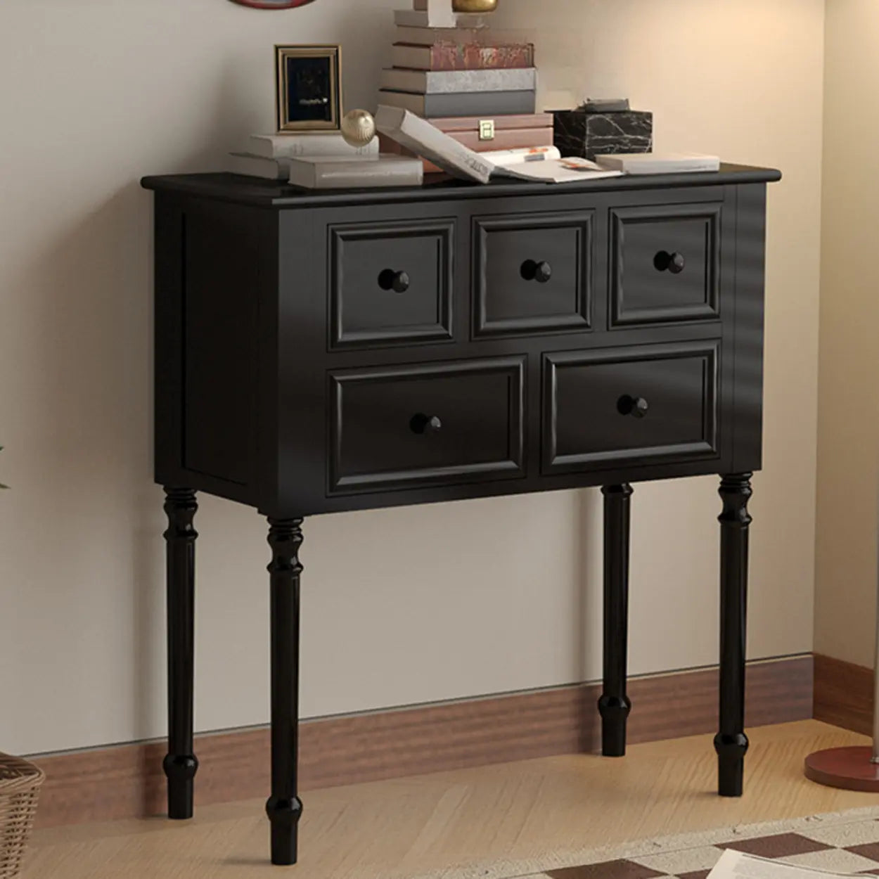 Classic Rectangular Black Wood Storage Console Table — Black