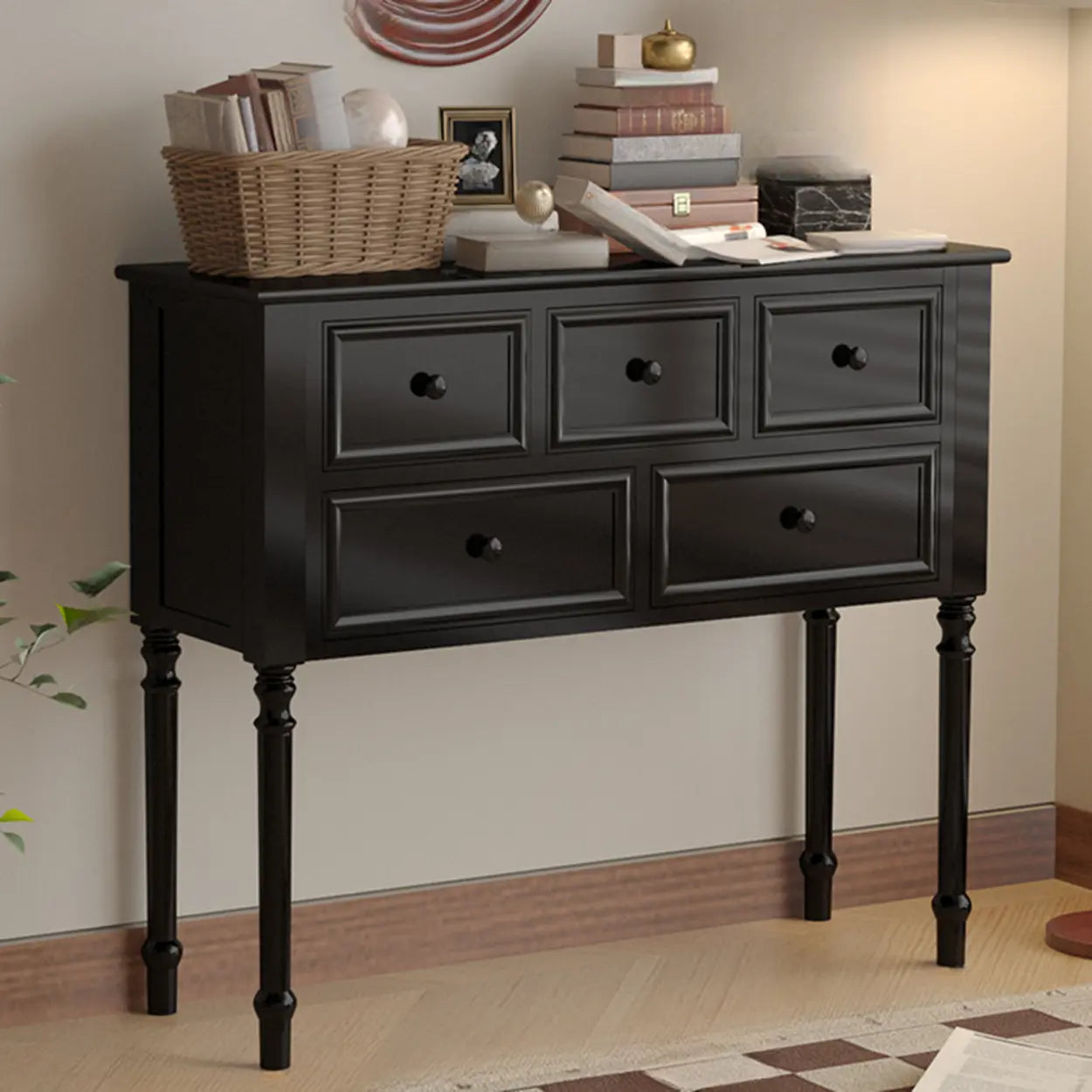 Classic Rectangular Black Wood Storage Console Table — Black