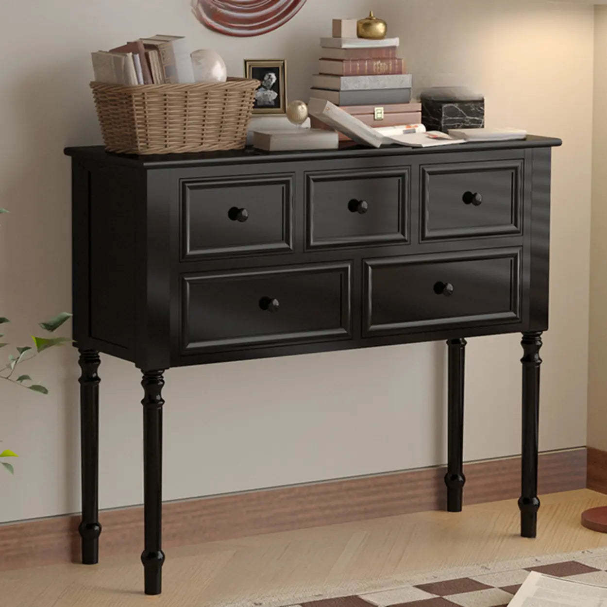 Classic Rectangular Black Wood Storage Console Table — Black
