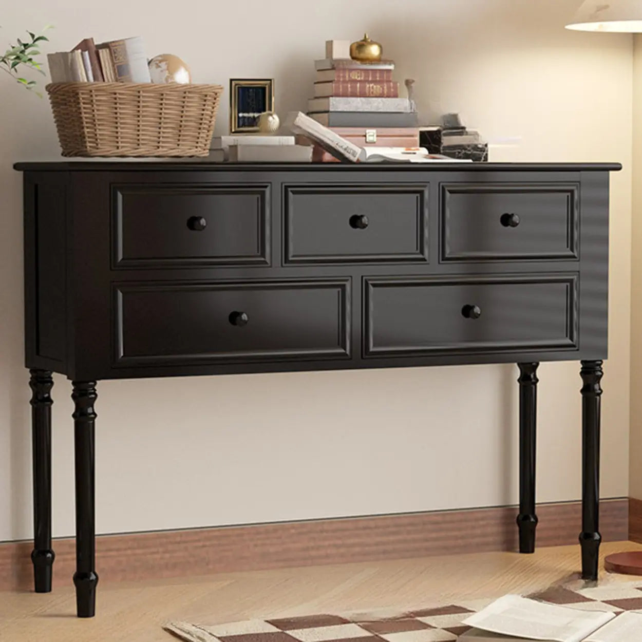 Classic Rectangular Black Wood Storage Console Table — White