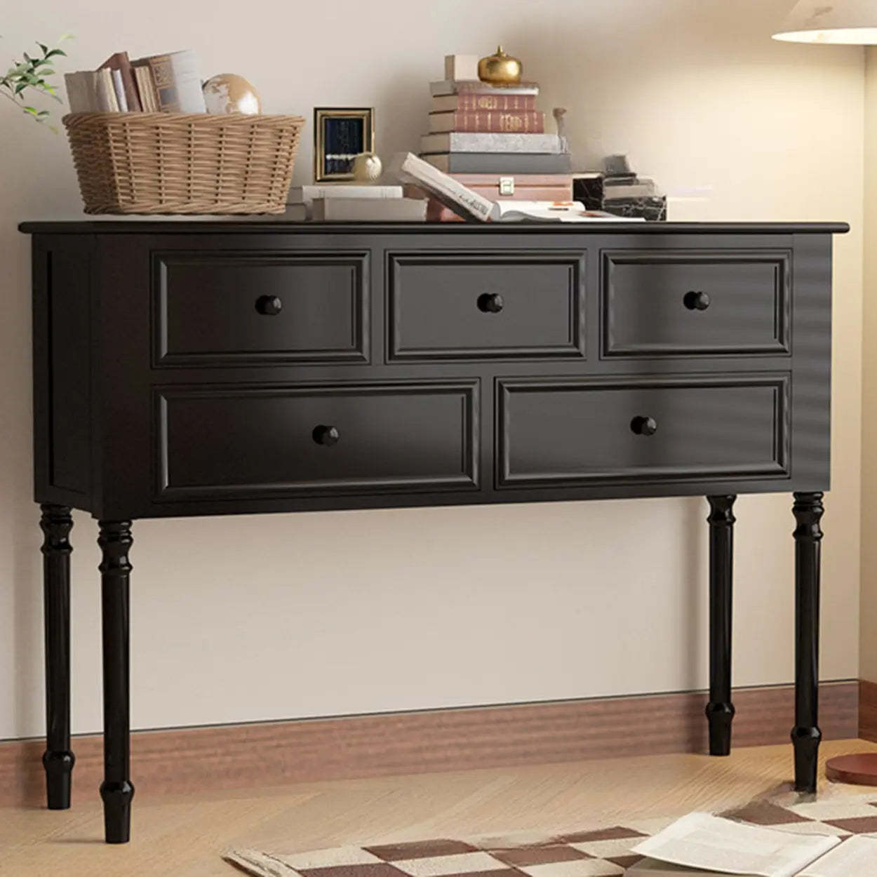 Classic Rectangular Black Wood Storage Console Table — White