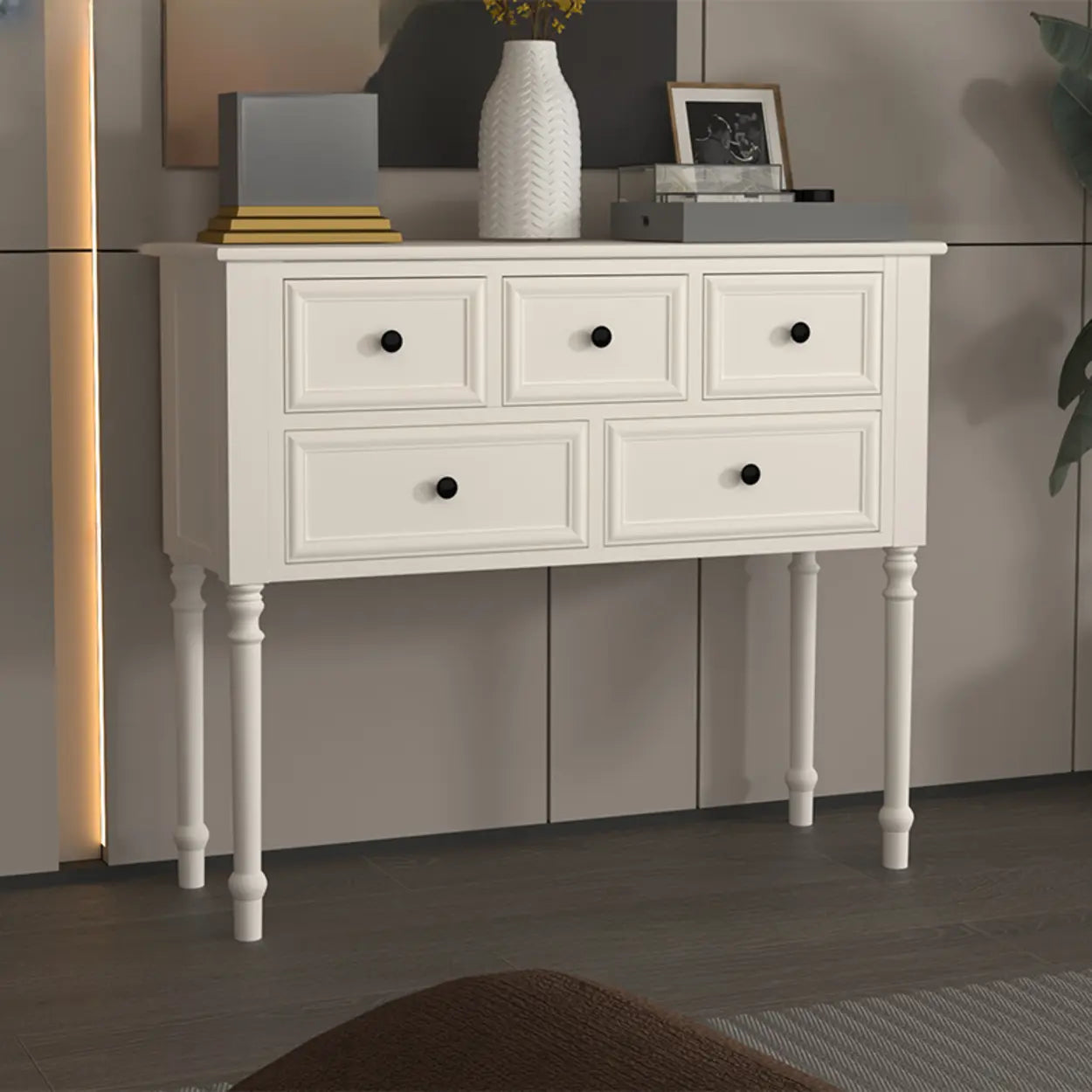 Classic Rectangular Black Wood Storage Console Table — Off-White