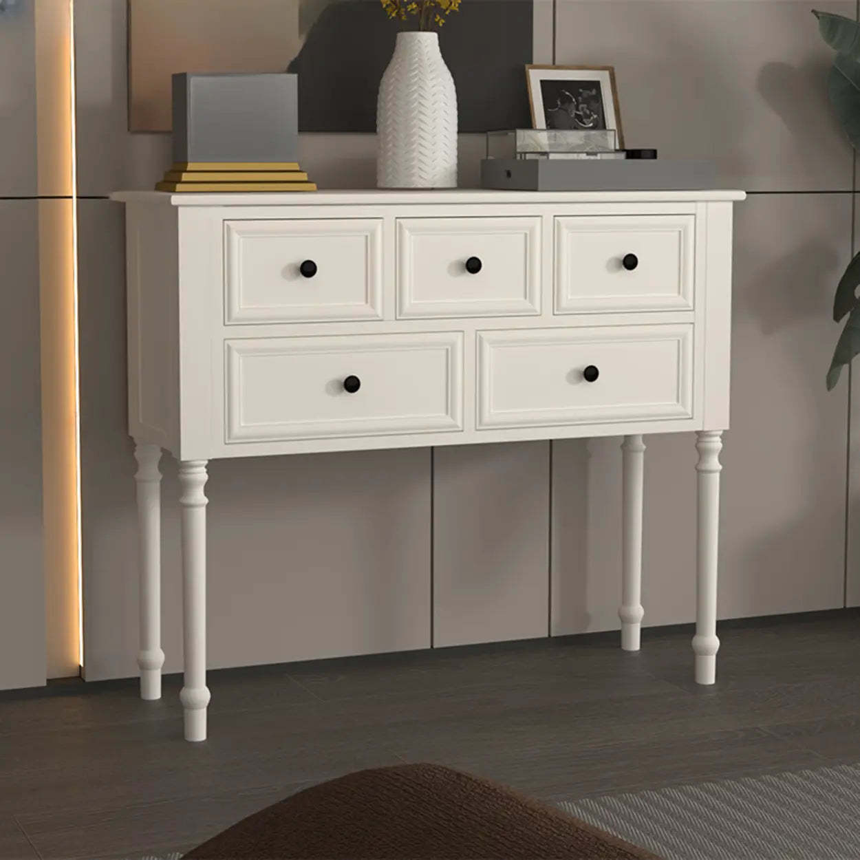 Classic Rectangular Black Wood Storage Console Table — Off-White