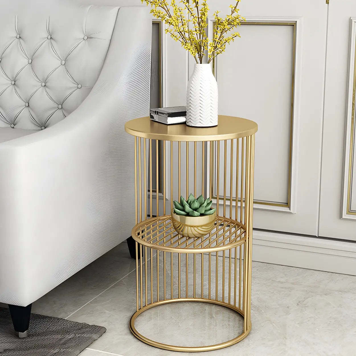 Round 2-Tier Metal Side Table — Black / Marble / 1