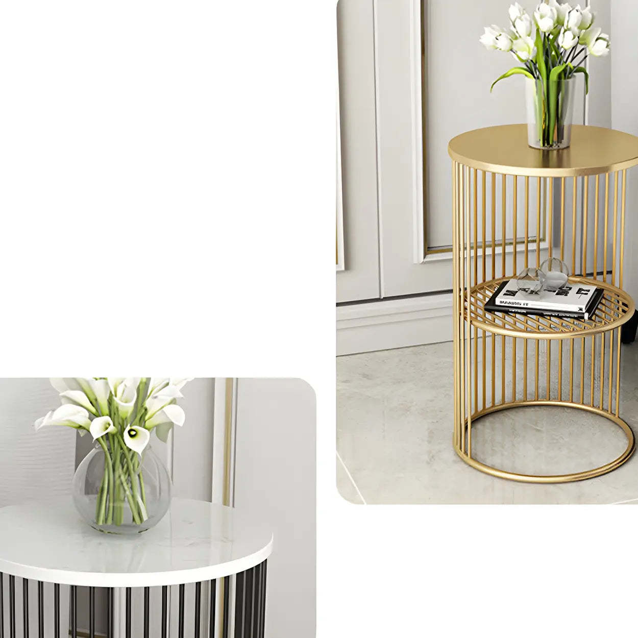 Mid-century round 2-tier wood metal fabric marble display cabinets