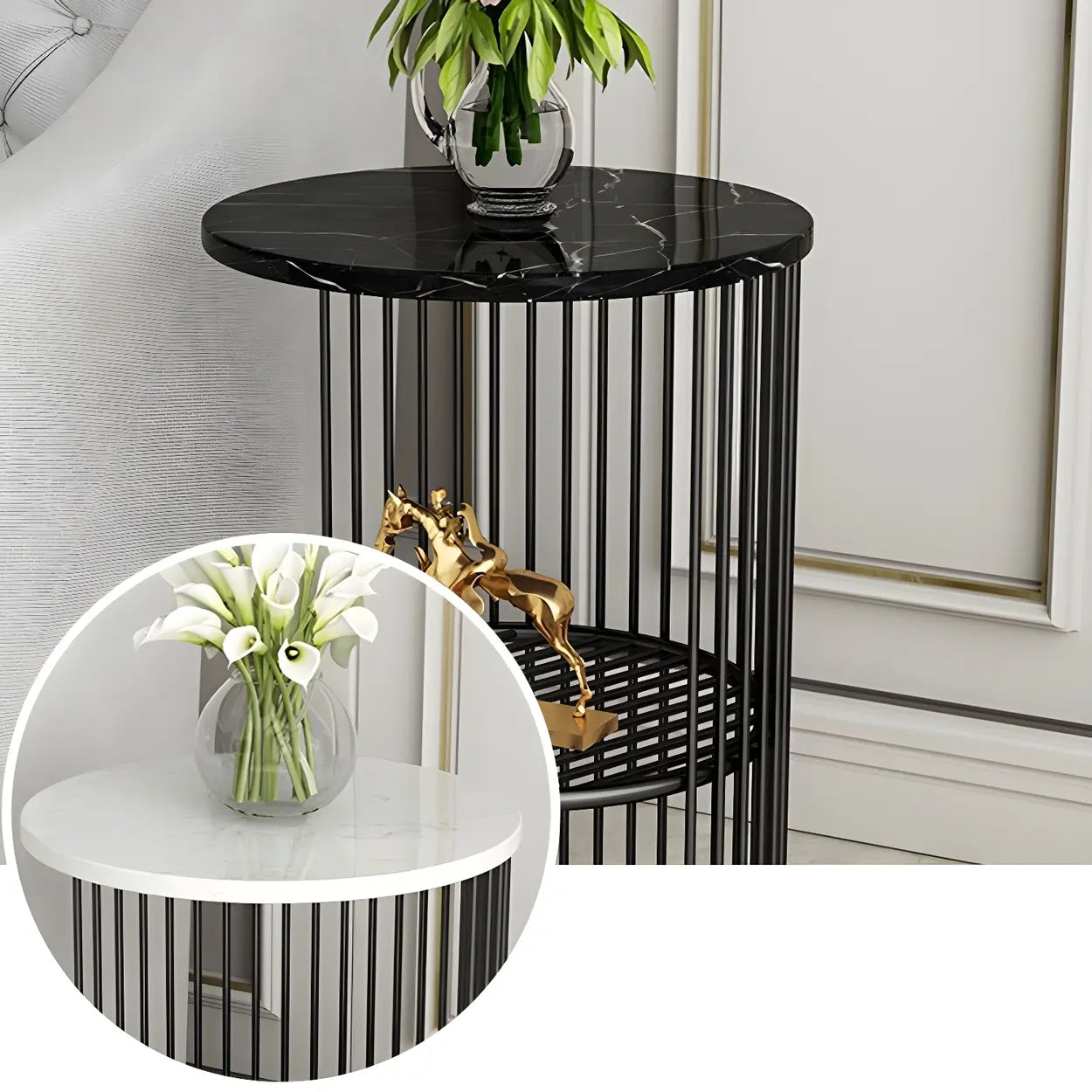 Lighom mid-century round 2-tier wood display cabinets in metal fabric marble